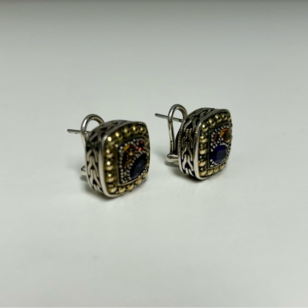 Effy BALISSIMA Multi Gemstone Sterling Silver & 18k Gold Square Stud Earrings - Picture 5 of 5